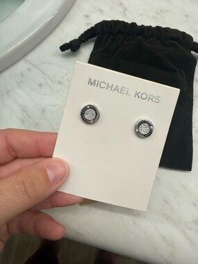 Michael Kors Silver-Tone Pave Logo Round Stud Earrings